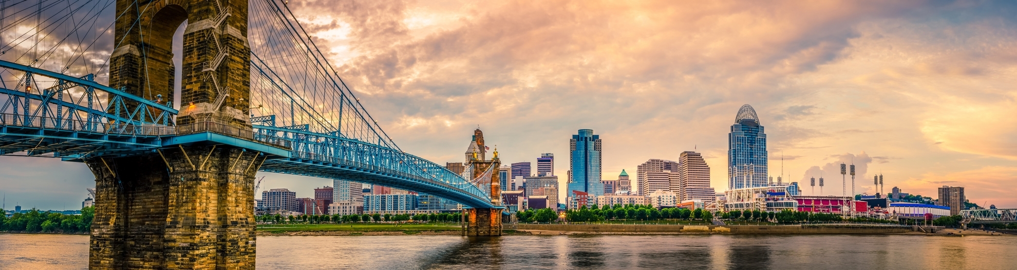 Panoramic view of John A. Roebling Suspension Bridge over the Ohio River and downtown Cincinnati skyline
